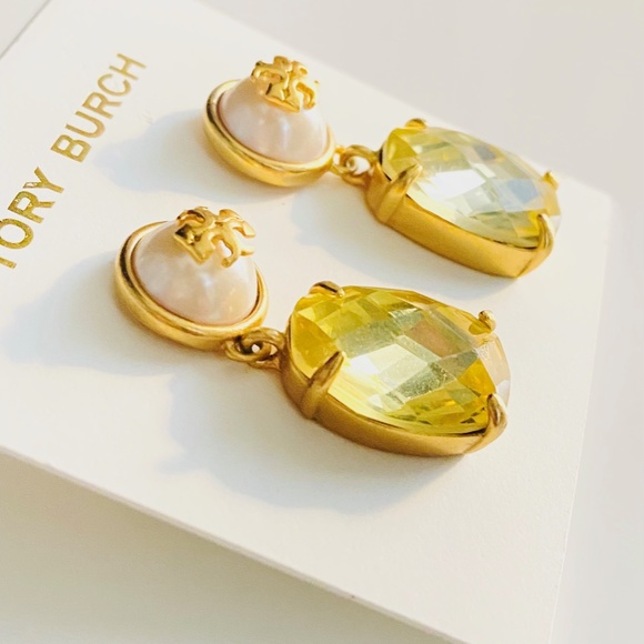 NWT Tory Burch Gold Faux Pearl Epoxy Crystal Drop Earrings w/Dust Bag - Picture 4 of 5